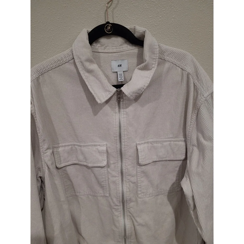 H&M Men SZ XXL Corduroy zip‎ front Shirt Jacket Ivory flap pockets preppy casual